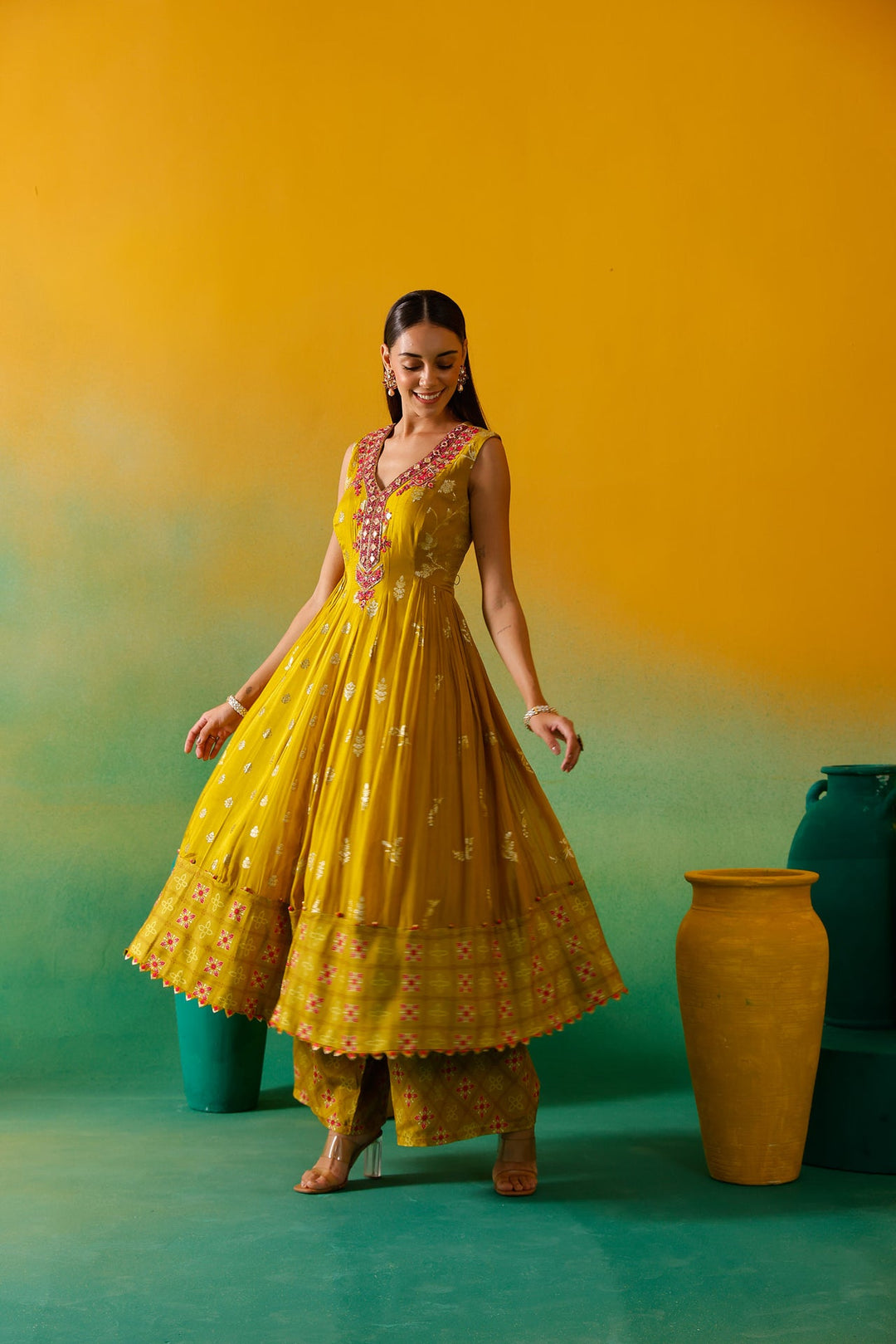Neerus Green organza embroidered Anarkali suit set - detail view 3