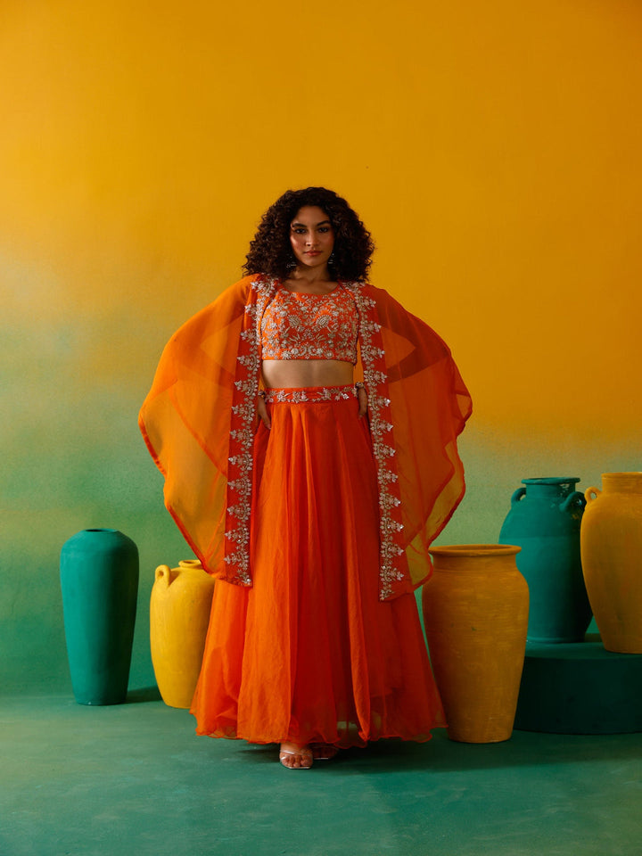 Neerus Orange organza embroidered lehenga set - front view