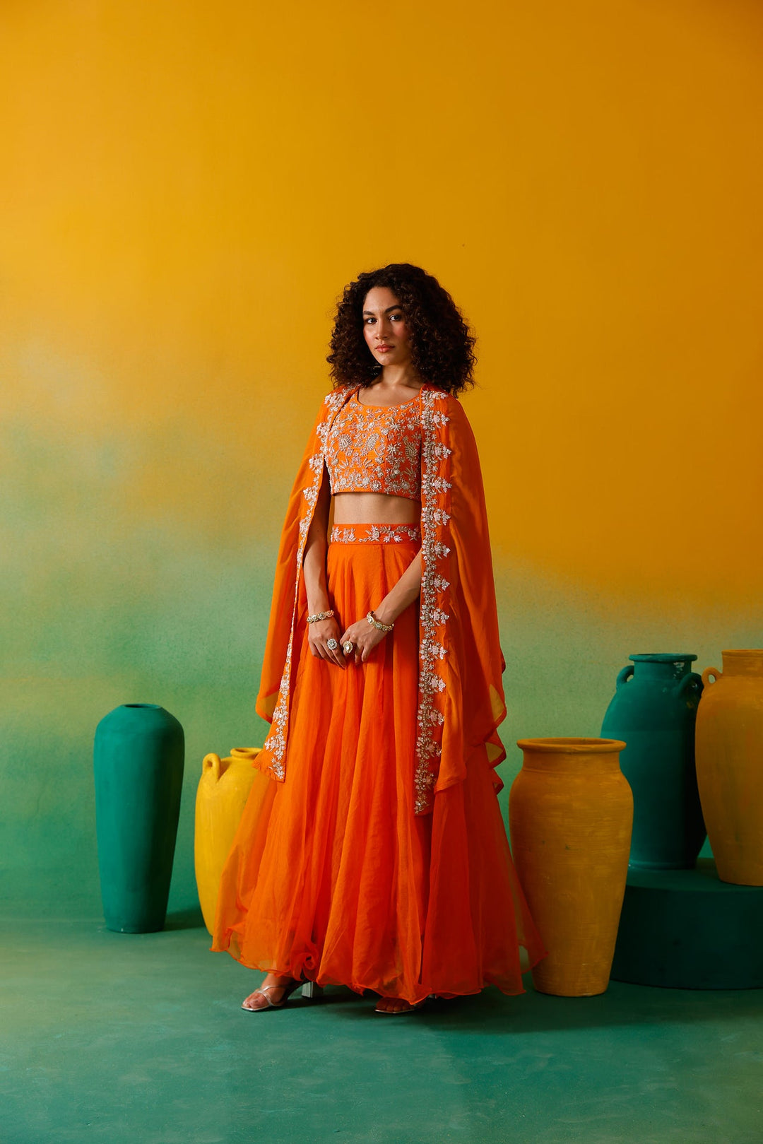Neerus Orange organza embroidered lehenga set - back view