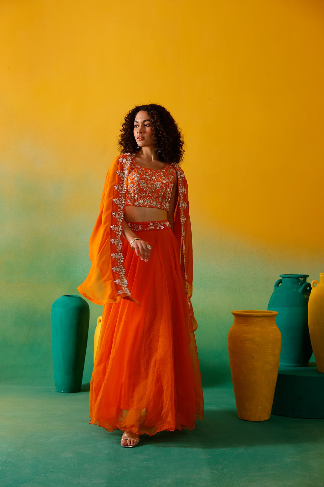 Neerus Orange organza embroidered lehenga set - side view