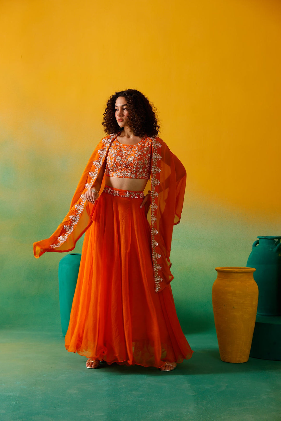 Neerus Orange organza embroidered lehenga set - detail view 1