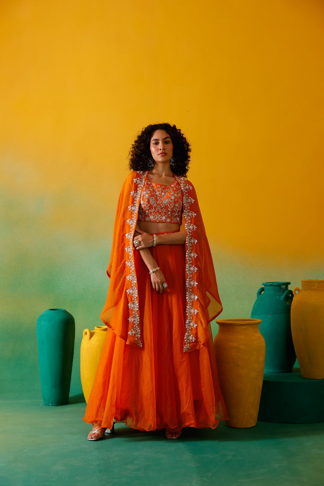 Neerus Orange organza embroidered lehenga set - detail view 2