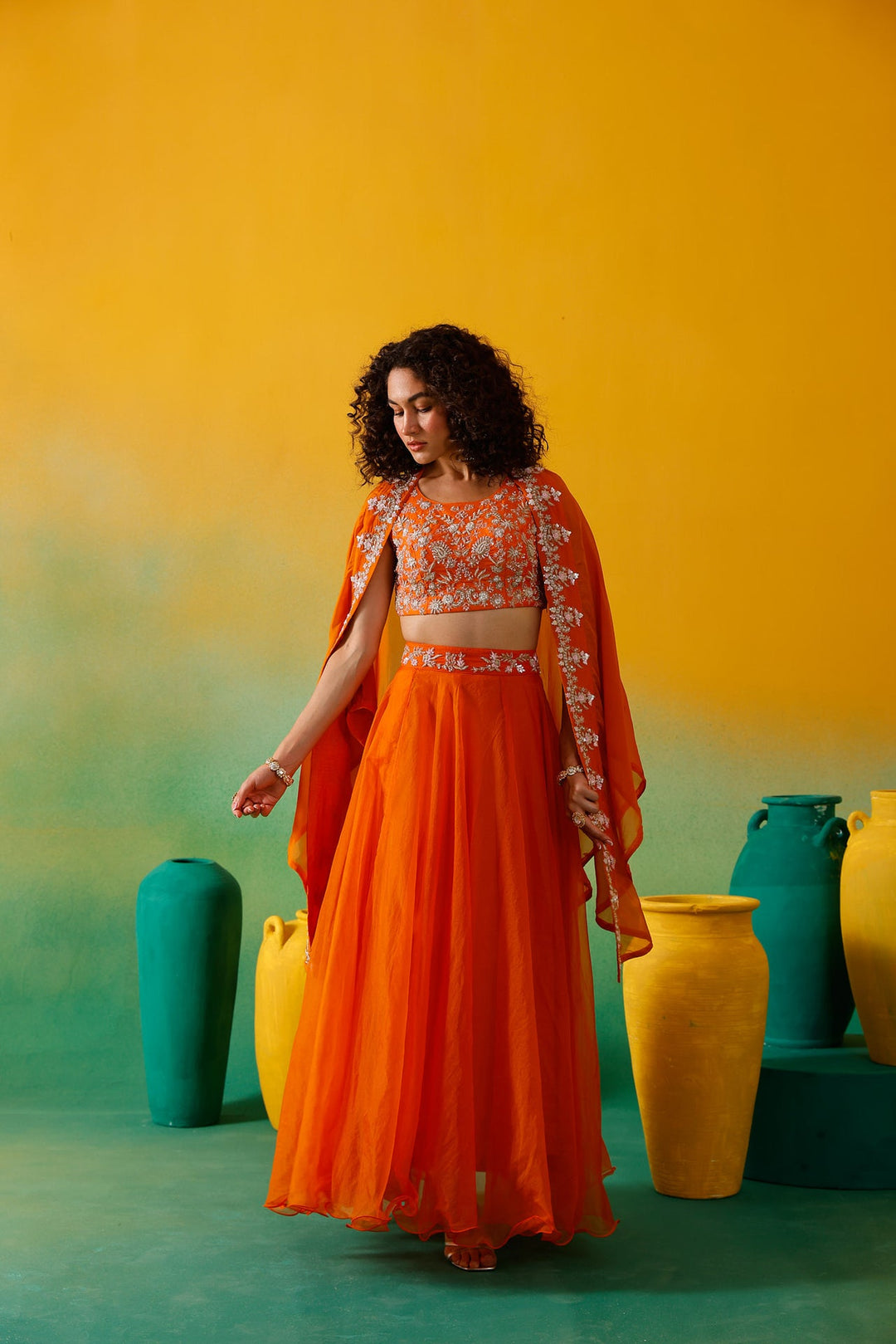 Neerus Orange organza embroidered lehenga set - detail view 3
