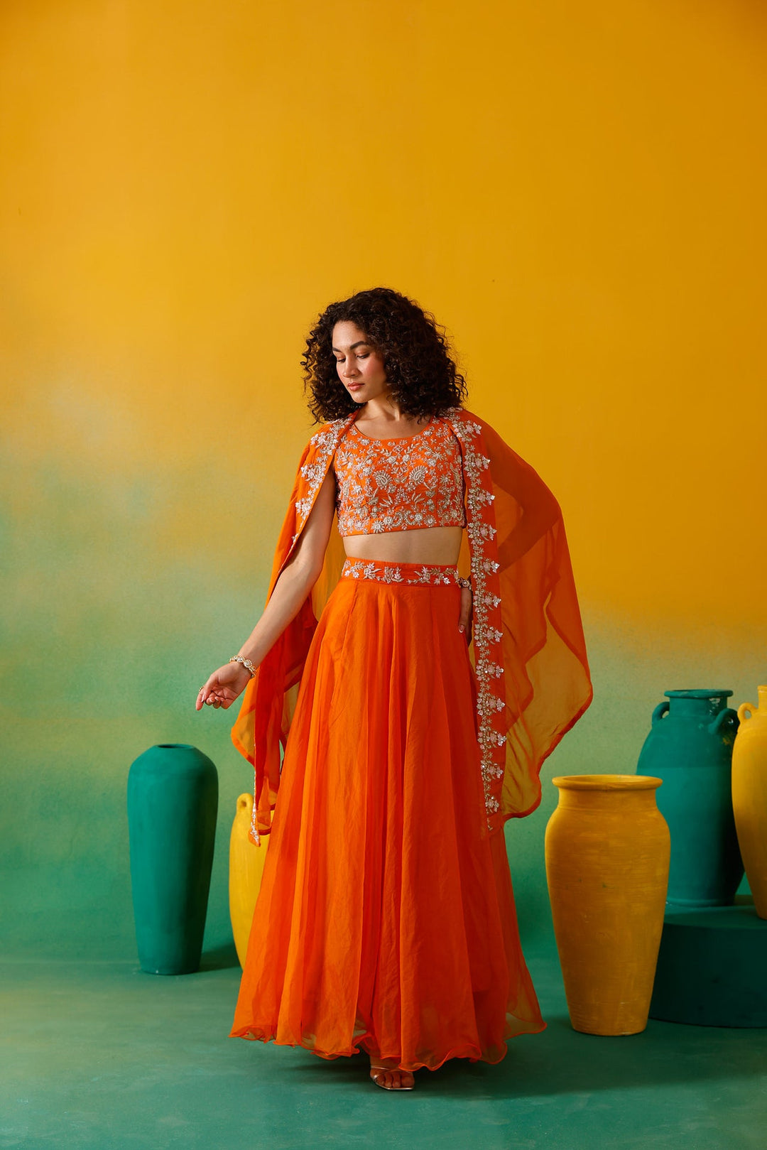 Neerus Orange organza embroidered lehenga set - detail view 4