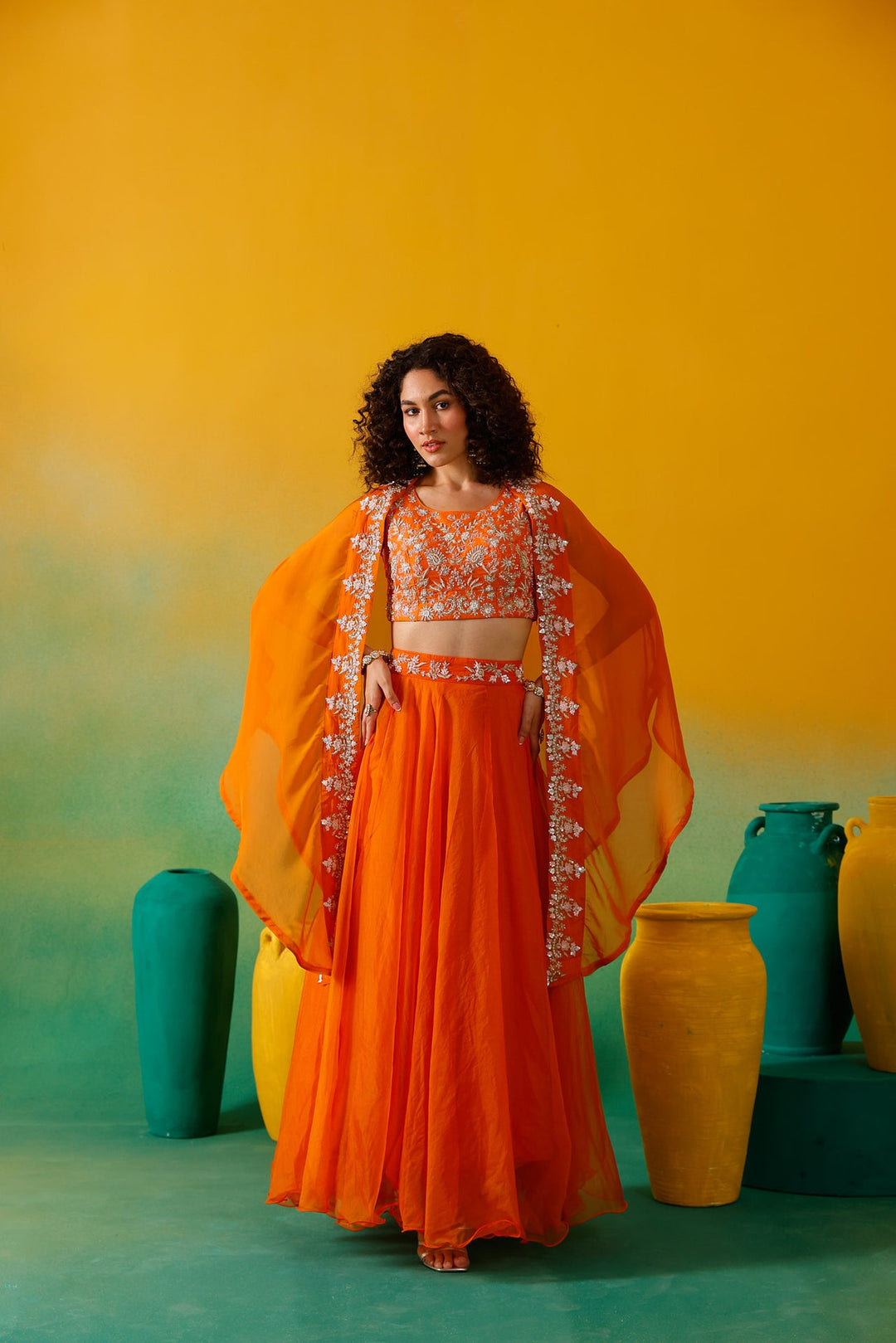 Neerus Orange organza embroidered lehenga set - detail view 5