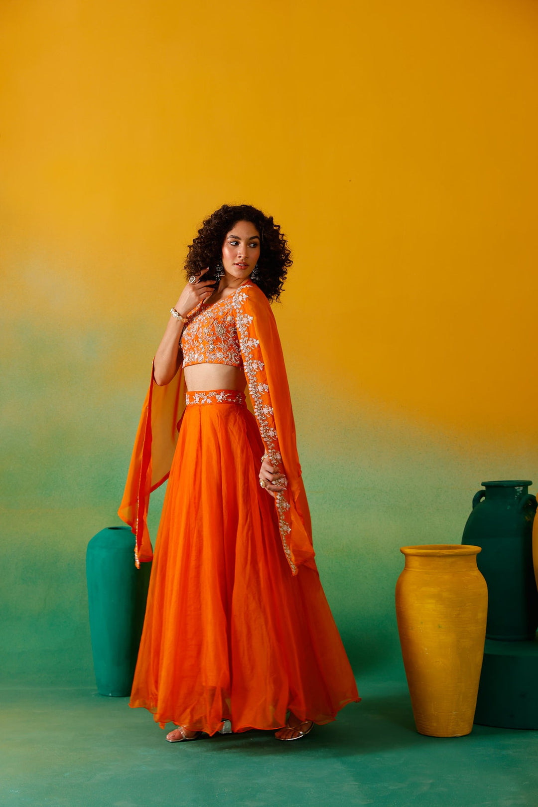 Neerus Orange organza embroidered lehenga set - detail view 6