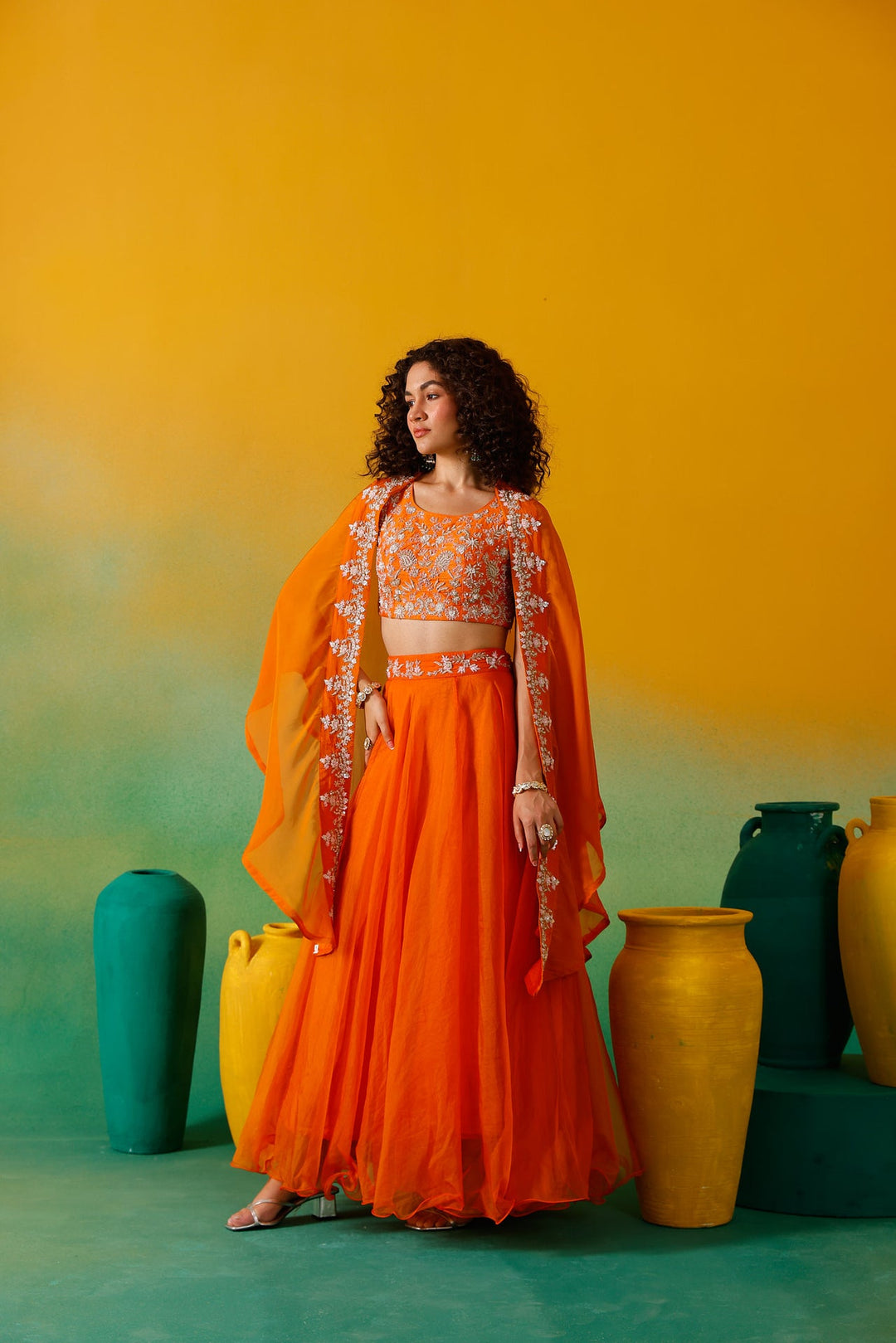 Neerus Orange organza embroidered lehenga set - detail view 7