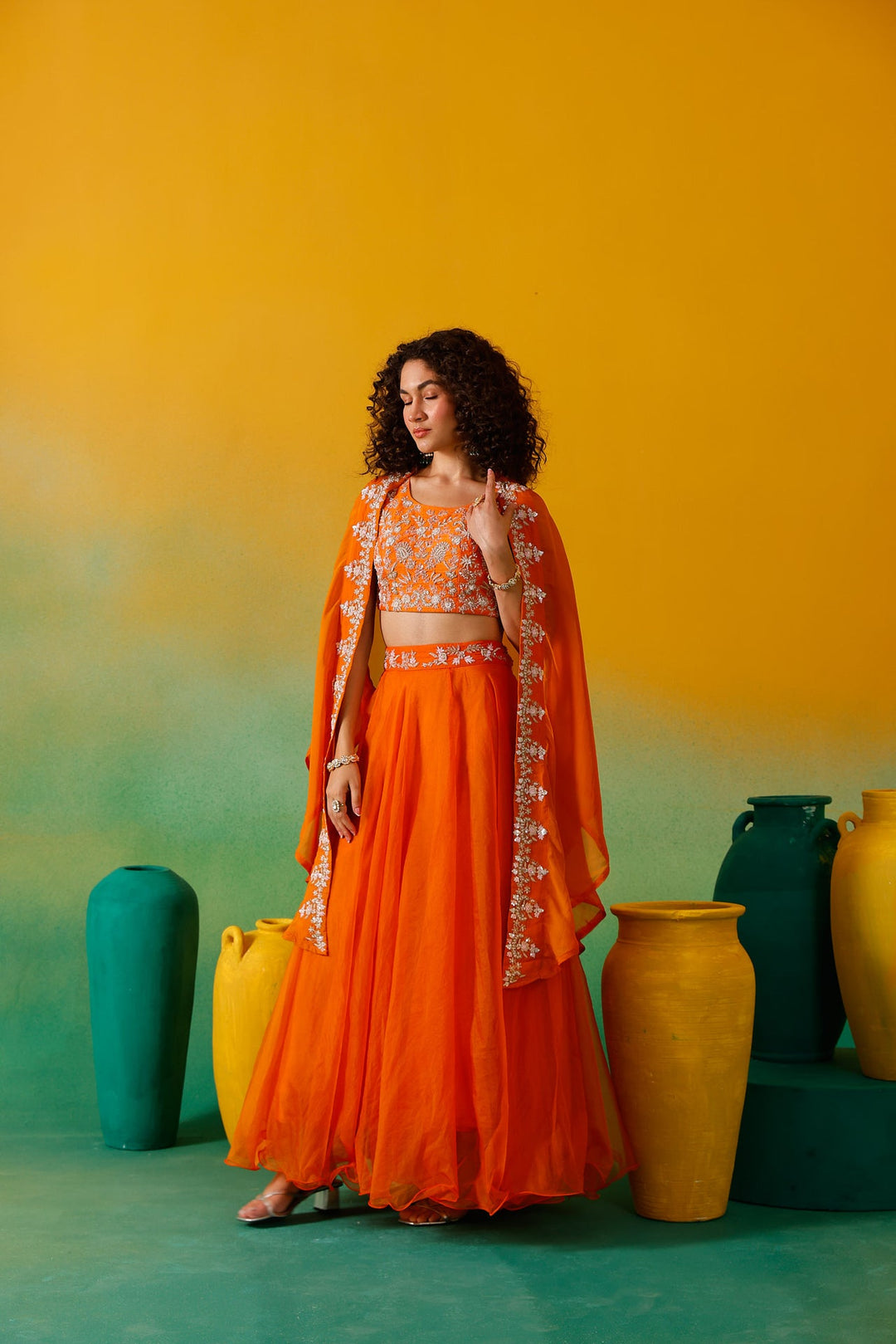 Neerus Orange organza embroidered lehenga set - detail view 8