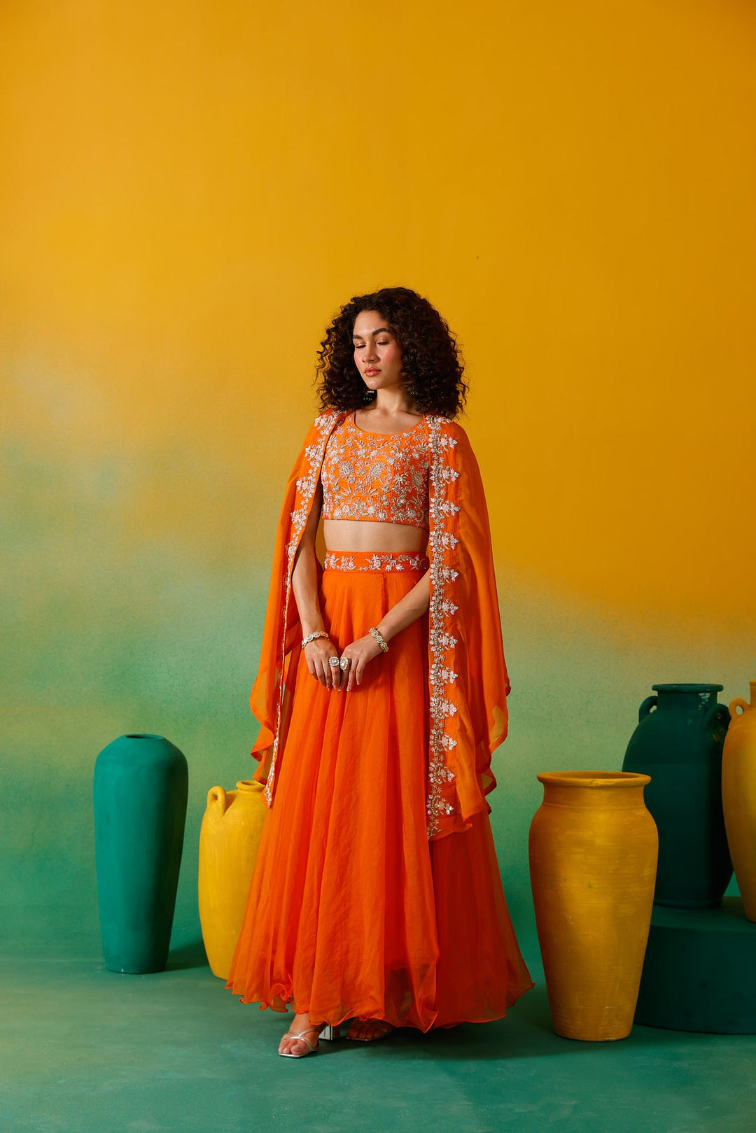 Neerus Orange organza embroidered lehenga set - detail view 9