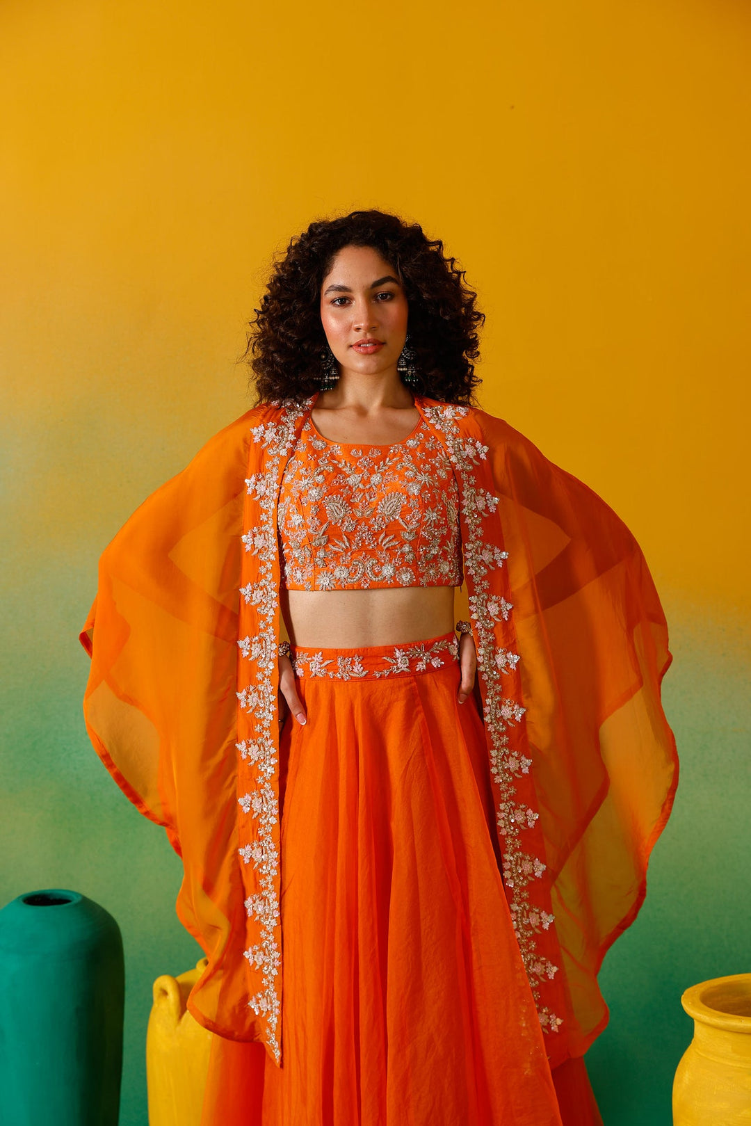 Neerus Orange organza embroidered lehenga set - detail view 10