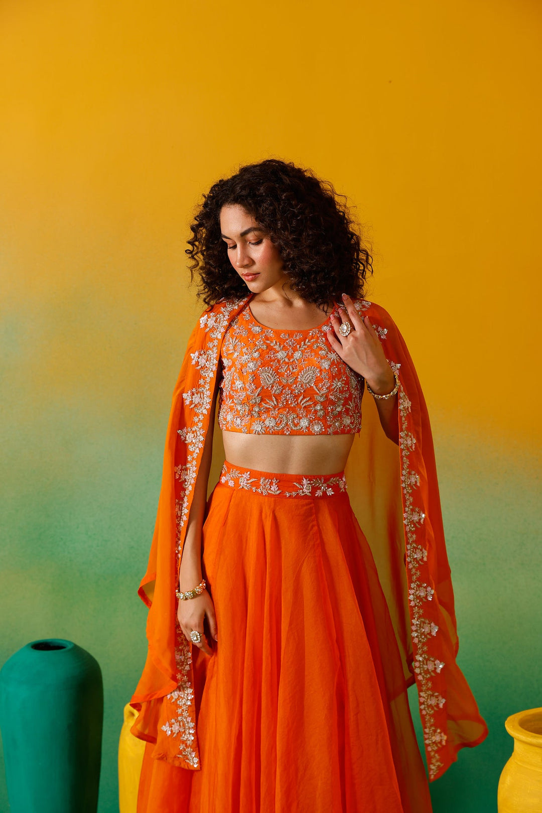 Neerus Orange organza embroidered lehenga set - detail view 11