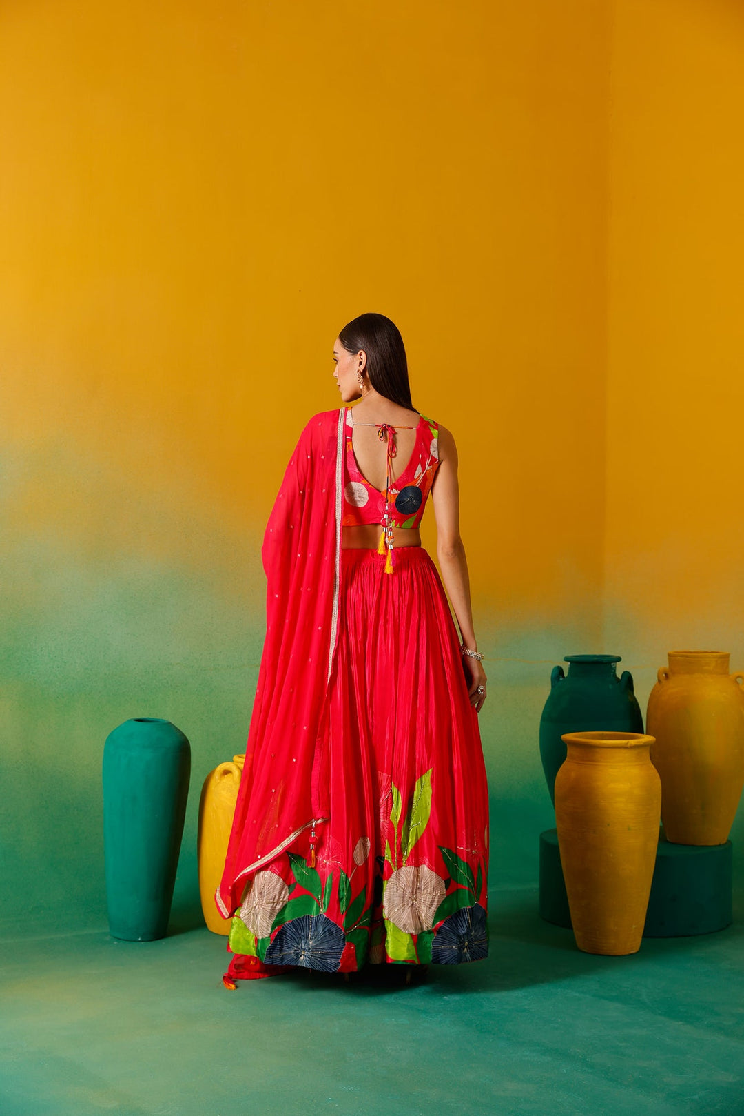 Neerus Pink chinon embroidered lehenga set - detail view 4