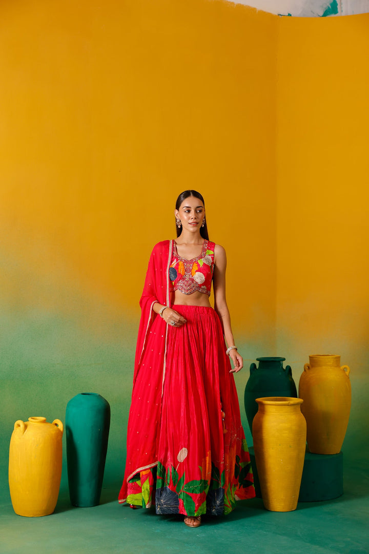 Neerus Pink chinon embroidered lehenga set - detail view 6