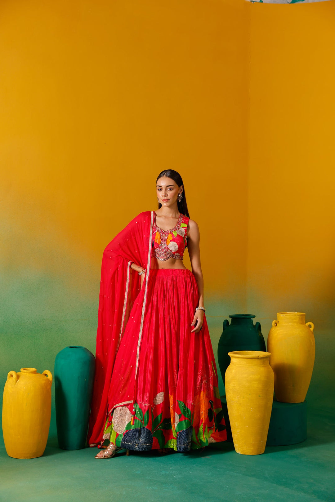Neerus Pink chinon embroidered lehenga set - detail view 8