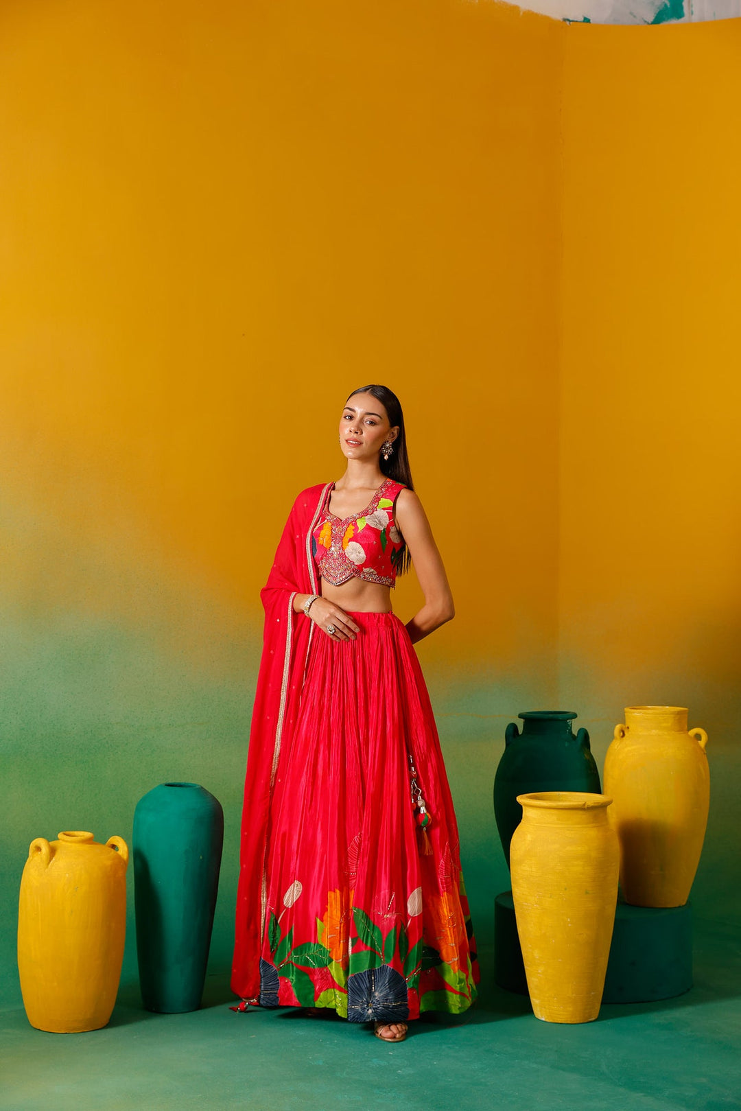 Neerus Pink chinon embroidered lehenga set - detail view 9