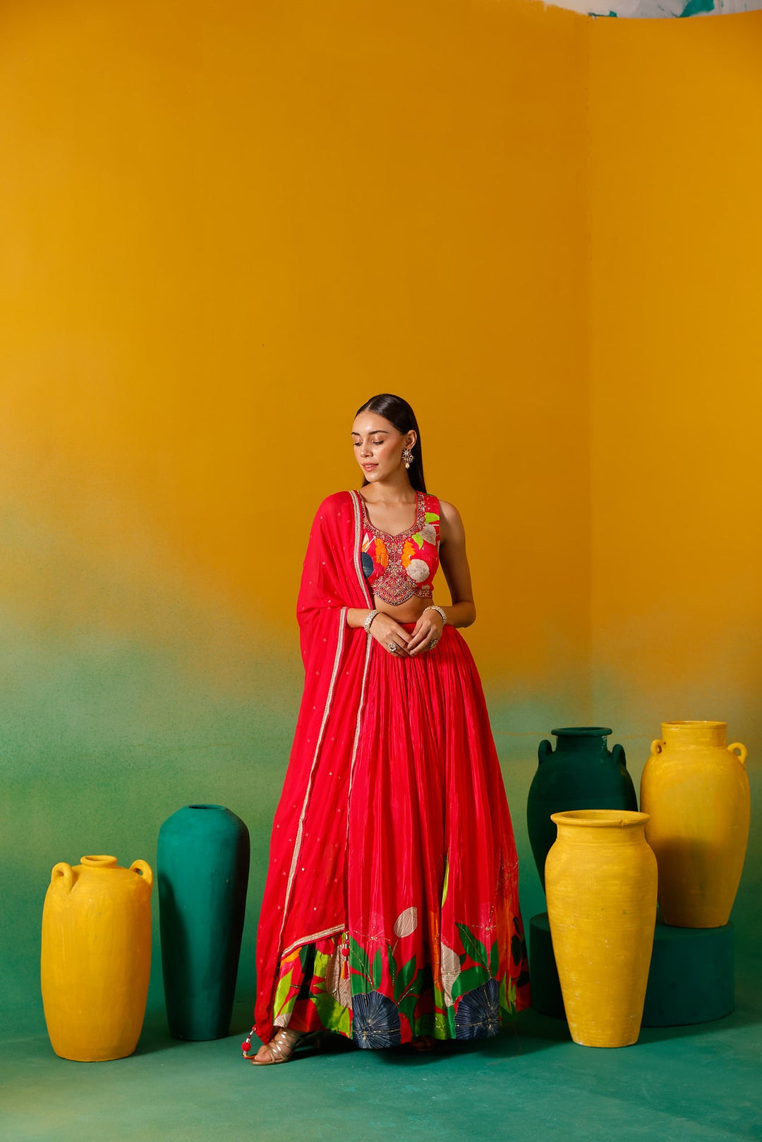 Neerus Pink chinon embroidered lehenga set - detail view 10