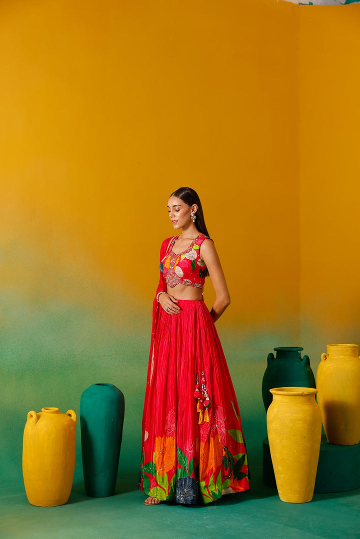 Neerus Pink chinon embroidered lehenga set - detail view 1