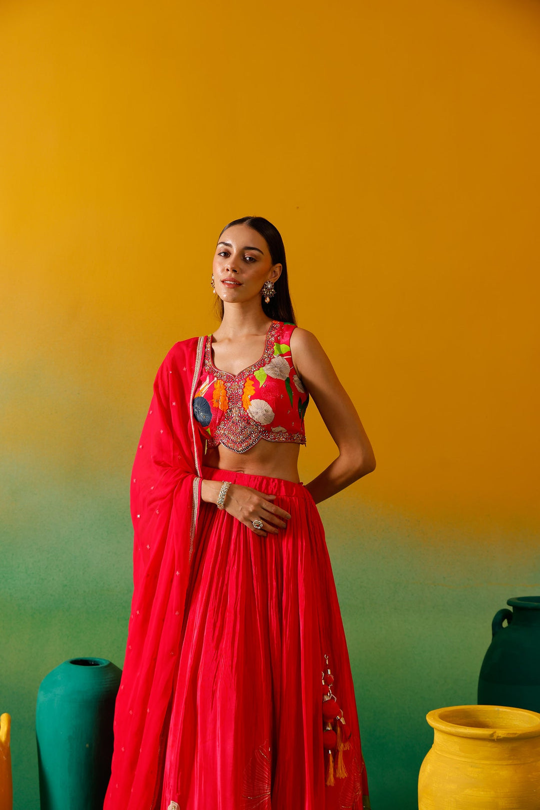 Neerus Pink chinon embroidered lehenga set - back view
