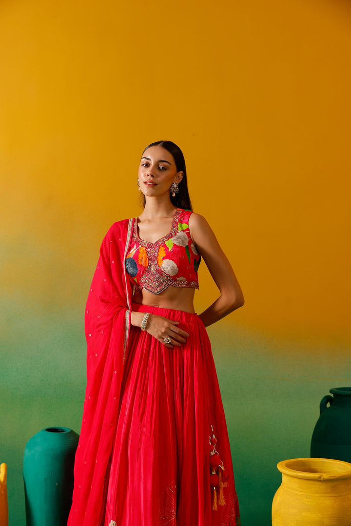 Neerus Pink chinon embroidered lehenga set - back view