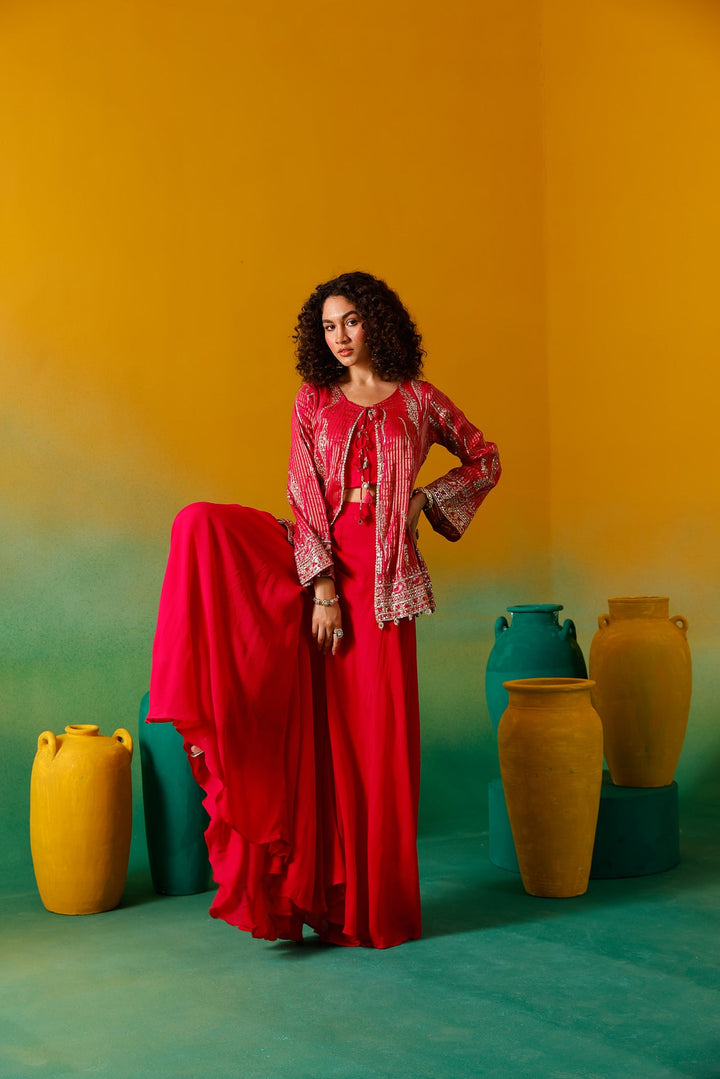 Neerus Pink georgette embroidered co-ord set - side view