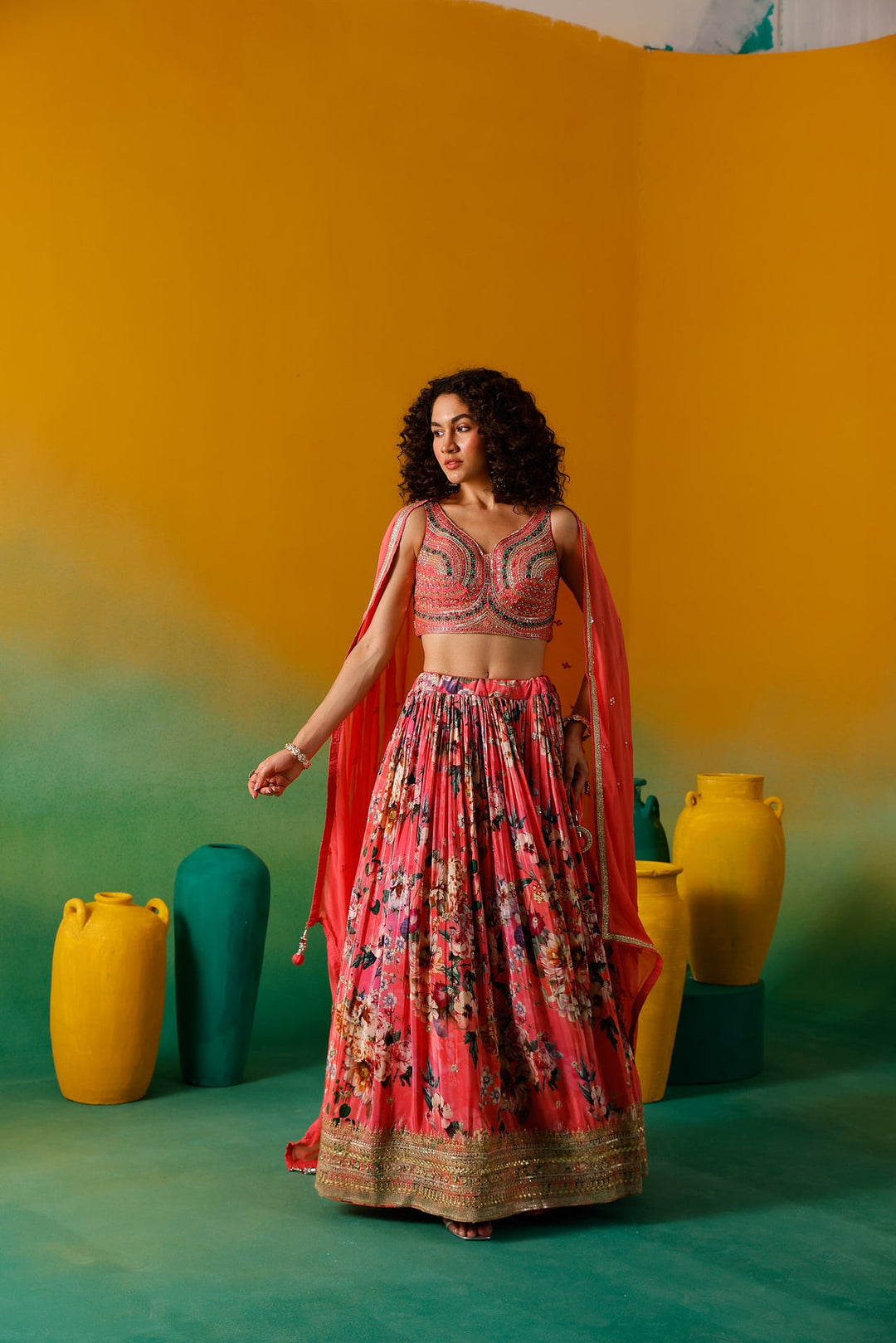 Neerus Pink crepe embroidered lehenga set - back view