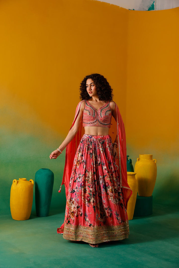 Neerus Pink crepe embroidered lehenga set - back view