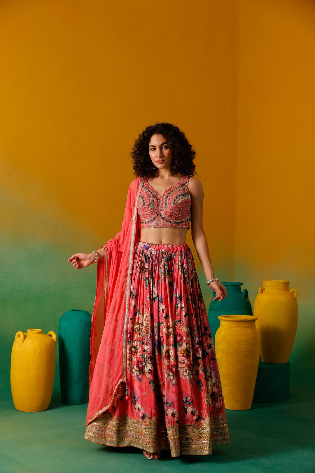 Neerus Pink crepe embroidered lehenga set - side view