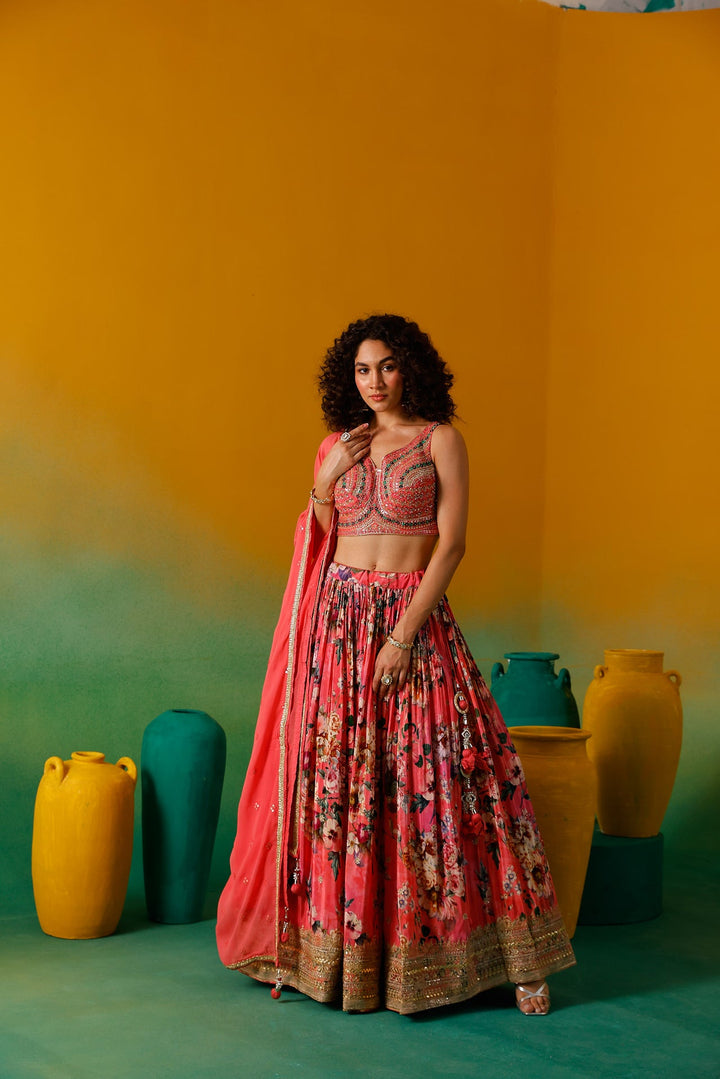 Neerus Pink crepe embroidered lehenga set - detail view 1
