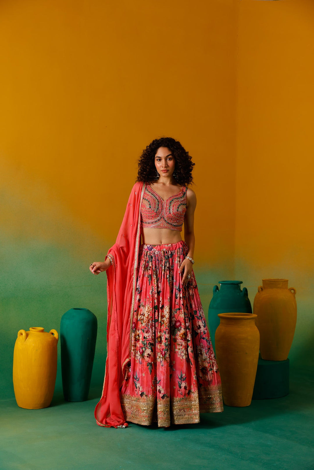 Neerus Pink crepe embroidered lehenga set - detail view 2
