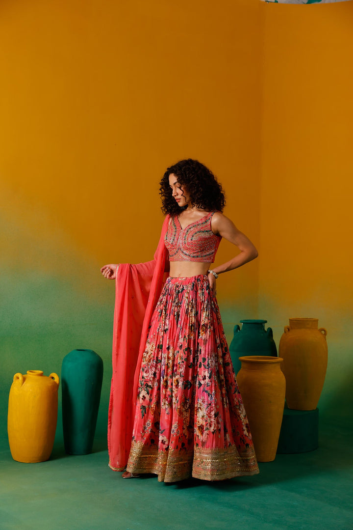 Neerus Pink crepe embroidered lehenga set - detail view 3