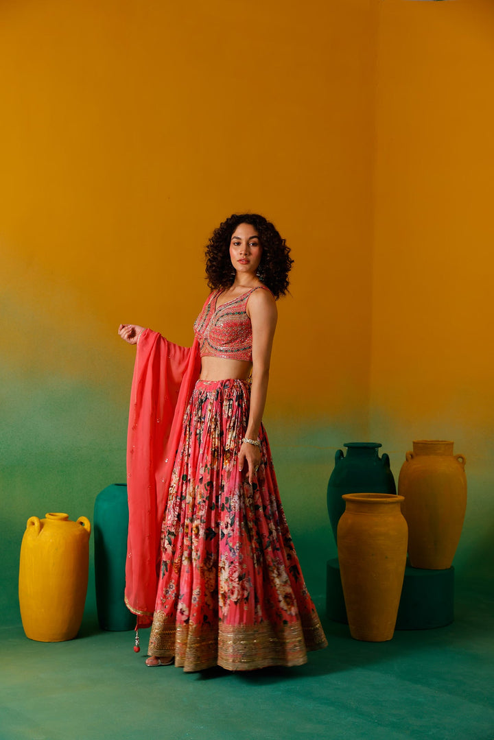 Neerus Pink crepe embroidered lehenga set - detail view 4