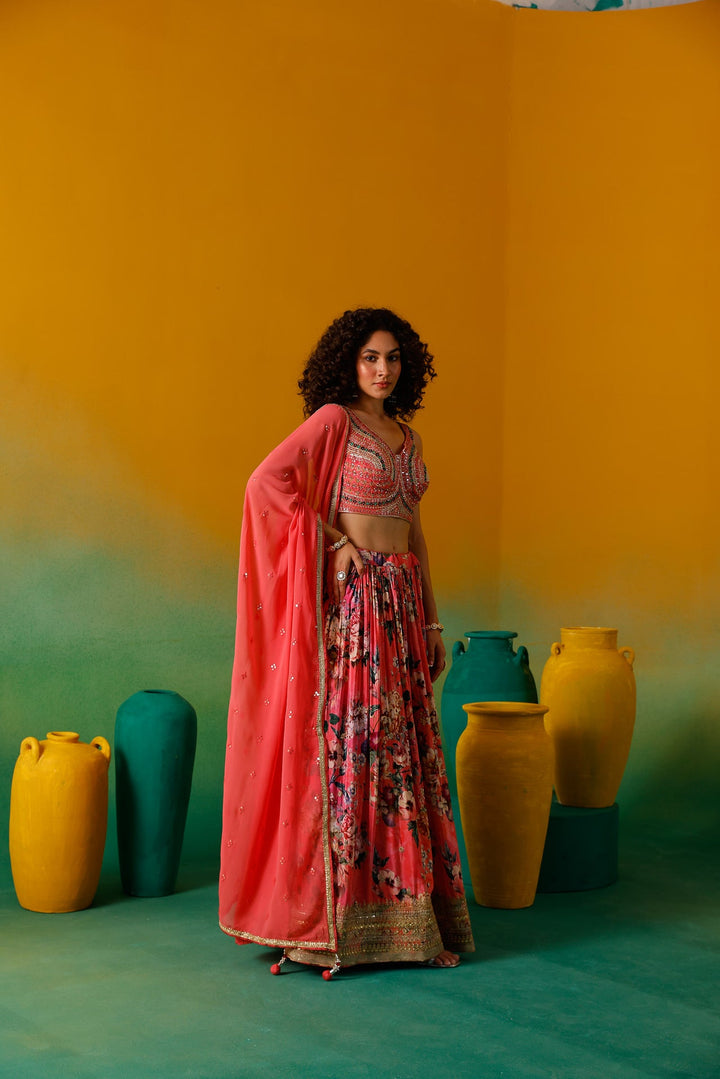 Neerus Pink crepe embroidered lehenga set - detail view 5