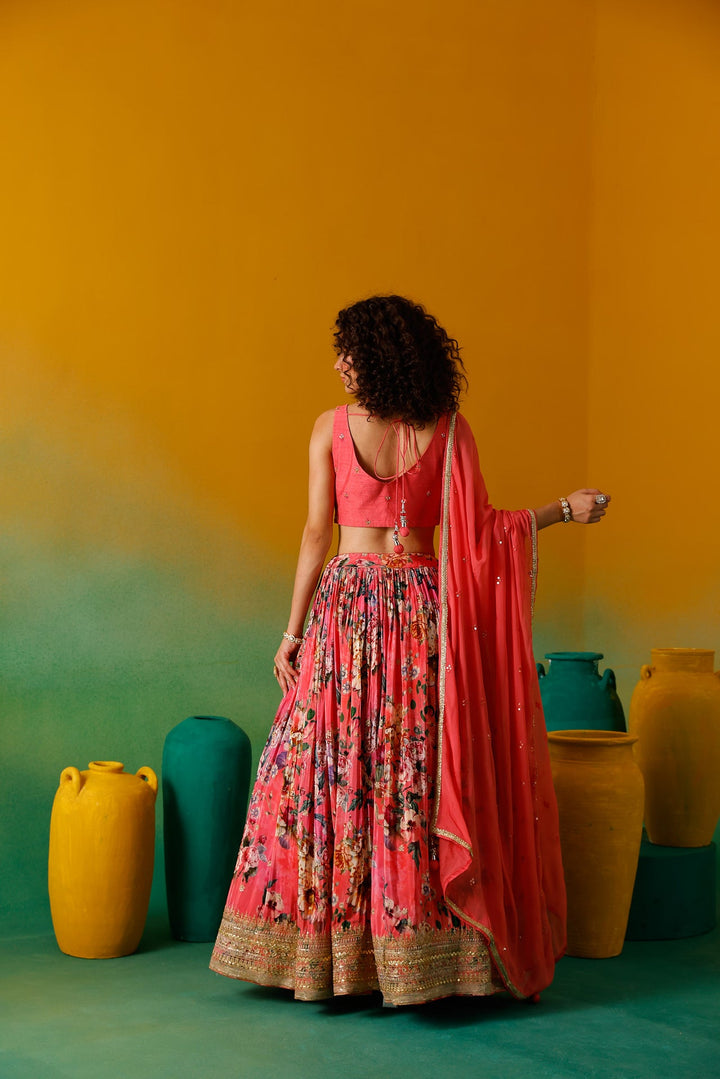 Neerus Pink crepe embroidered lehenga set - detail view 6