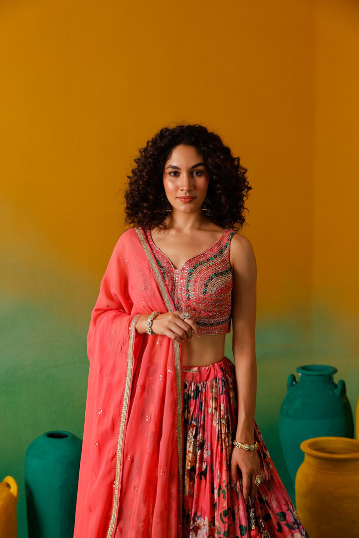 Neerus Pink crepe embroidered lehenga set - detail view 7