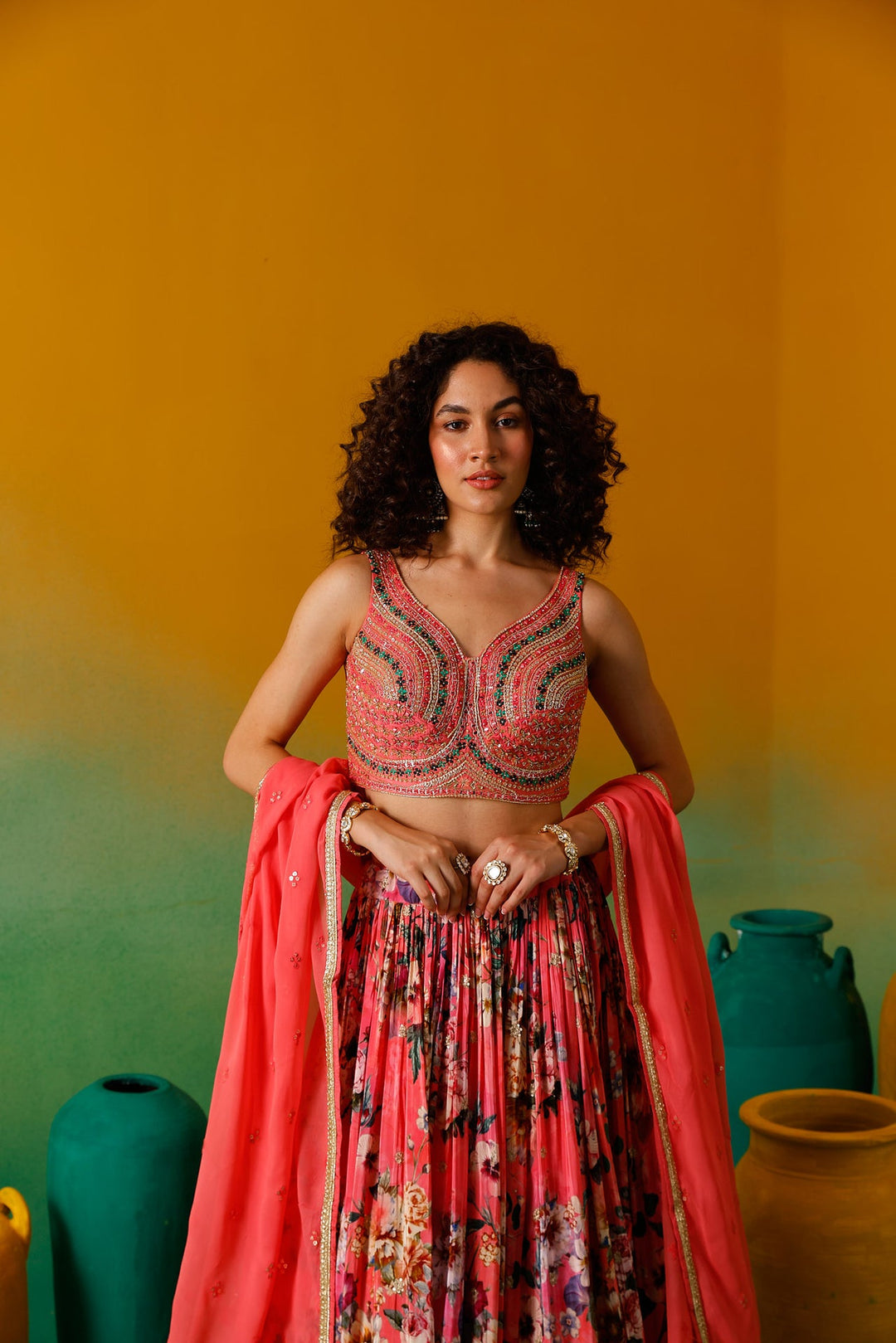 Neerus Pink crepe embroidered lehenga set - detail view 9