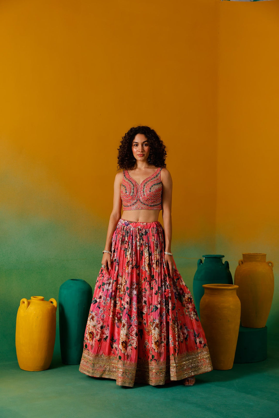 Neerus Pink crepe embroidered lehenga set - detail view 10