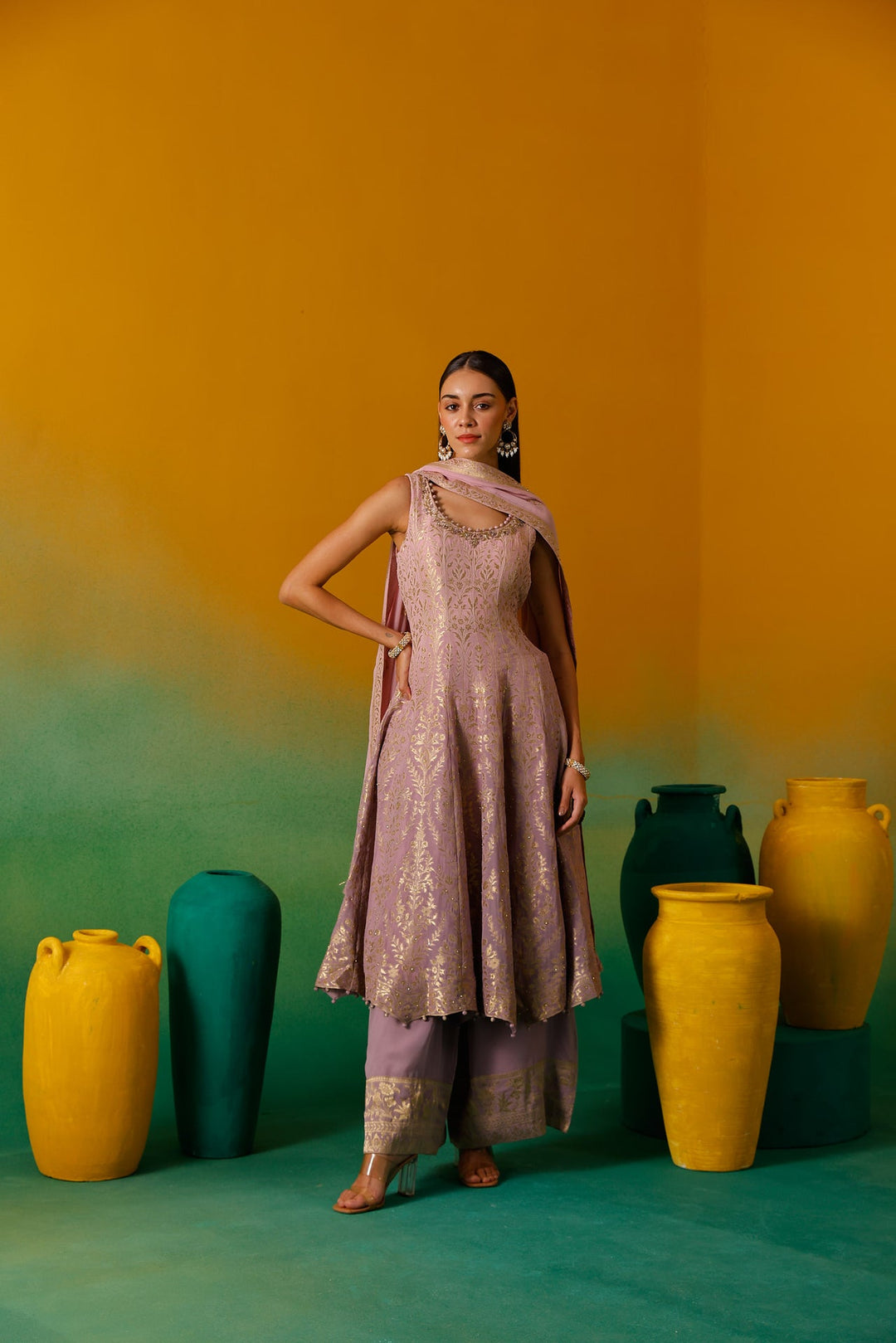 Neerus Purple organza embroidered anarkali suit set - back view