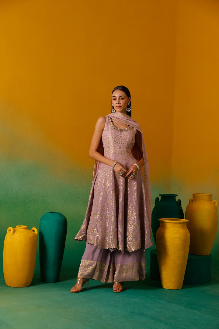 Neerus Purple organza embroidered anarkali suit set - detail view 1