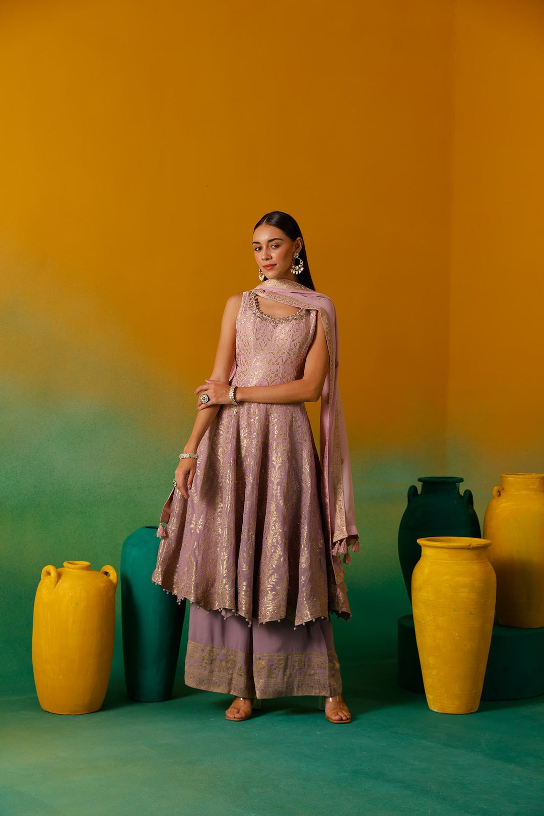 Neerus Purple organza embroidered anarkali suit set - detail view 2