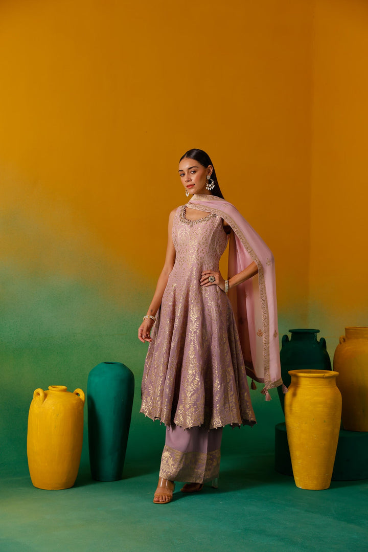 Neerus Purple organza embroidered anarkali suit set - detail view 3