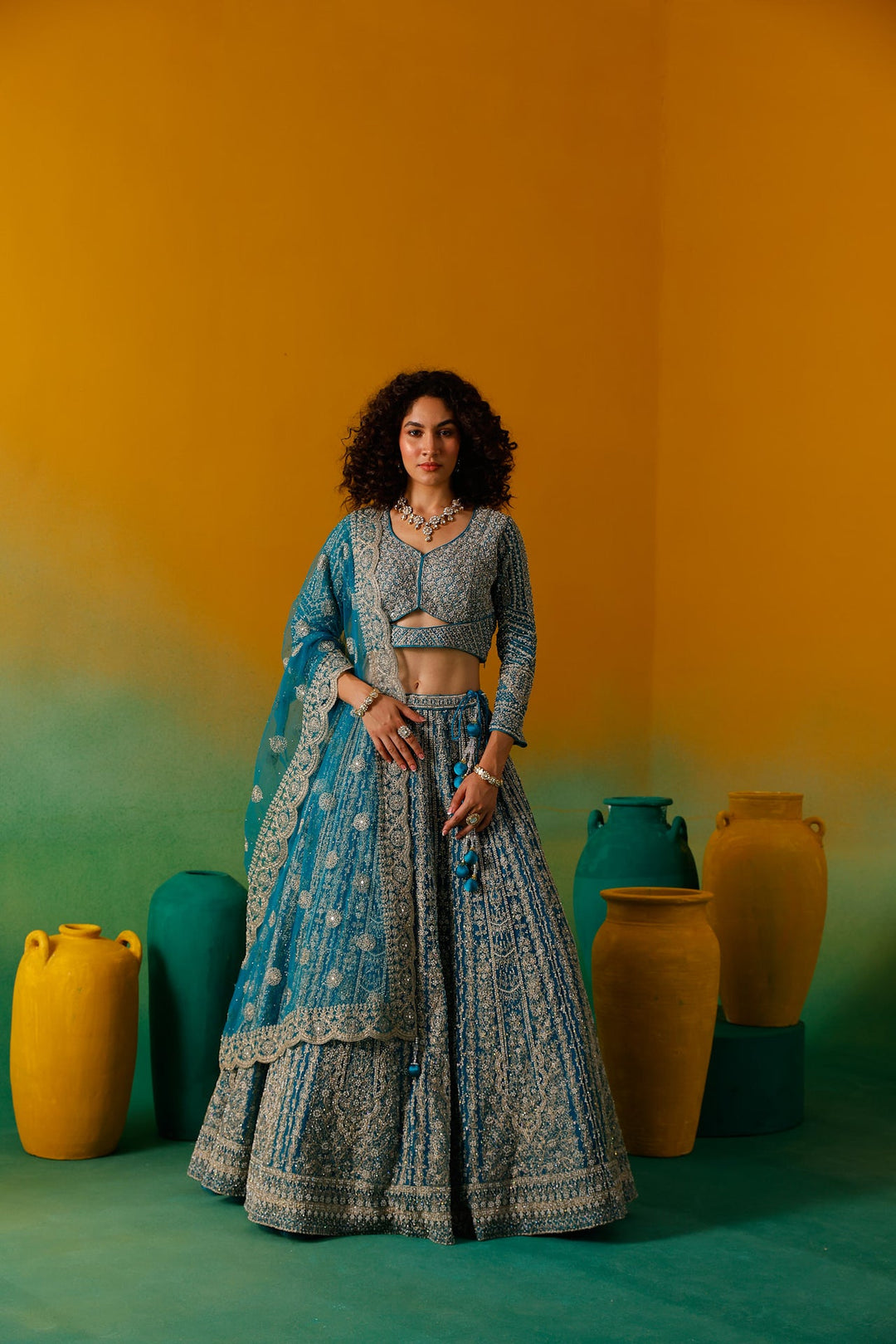 Neerus Green net embroidered lehenga set - back view