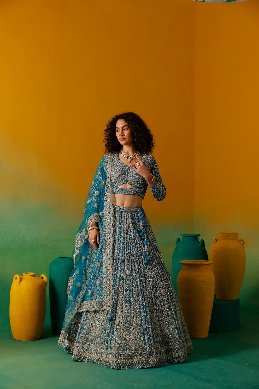 Neerus Green net embroidered lehenga set - detail view 3