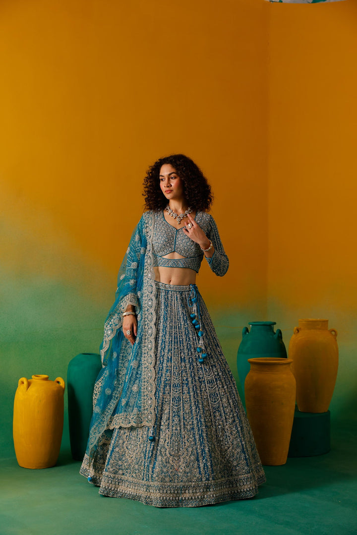 Neerus Green net embroidered lehenga set - detail view 3