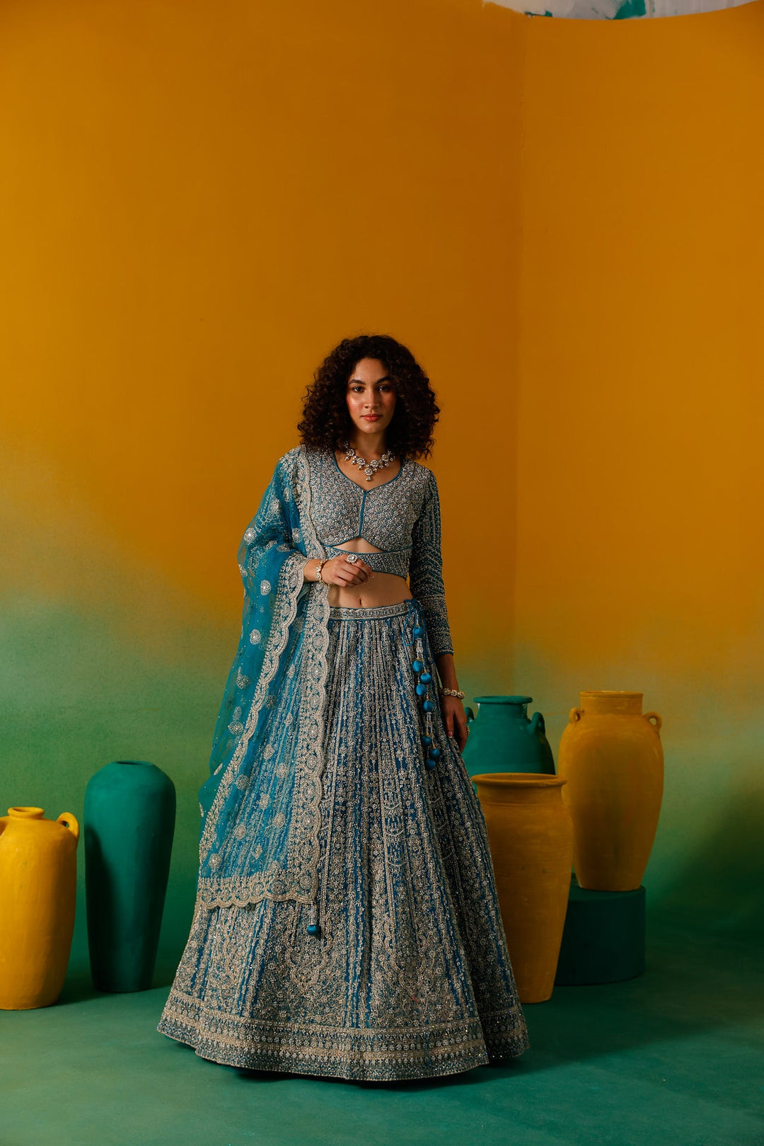 Neerus Green net embroidered lehenga set - detail view 5