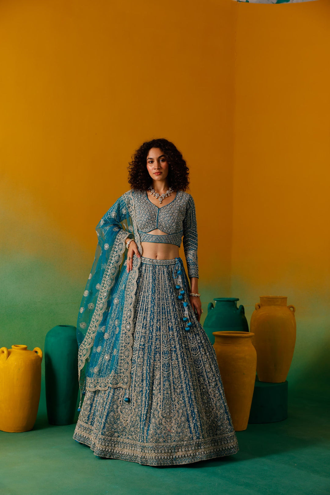 Neerus Green net embroidered lehenga set - detail view 6
