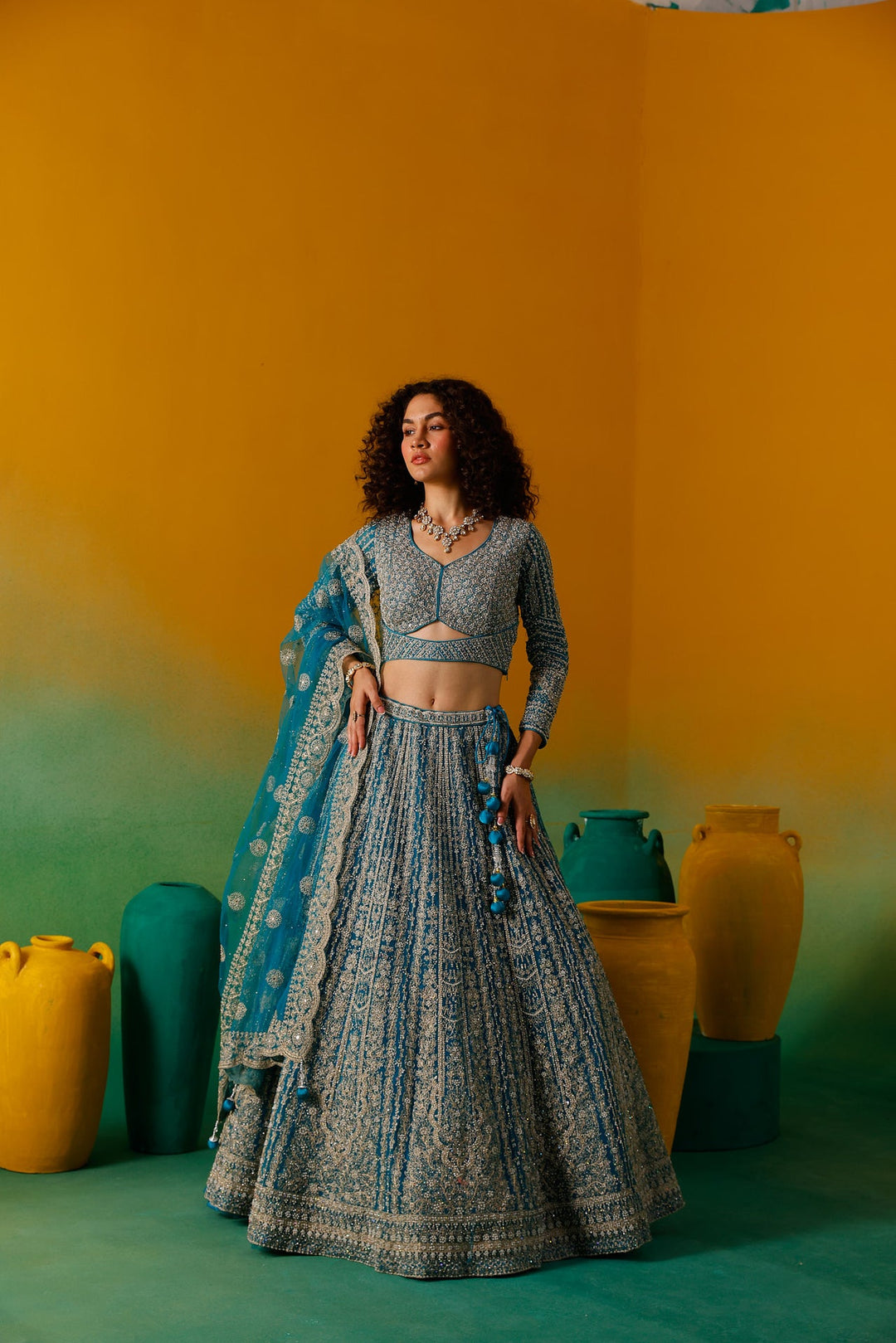 Neerus Green net embroidered lehenga set - detail view 7