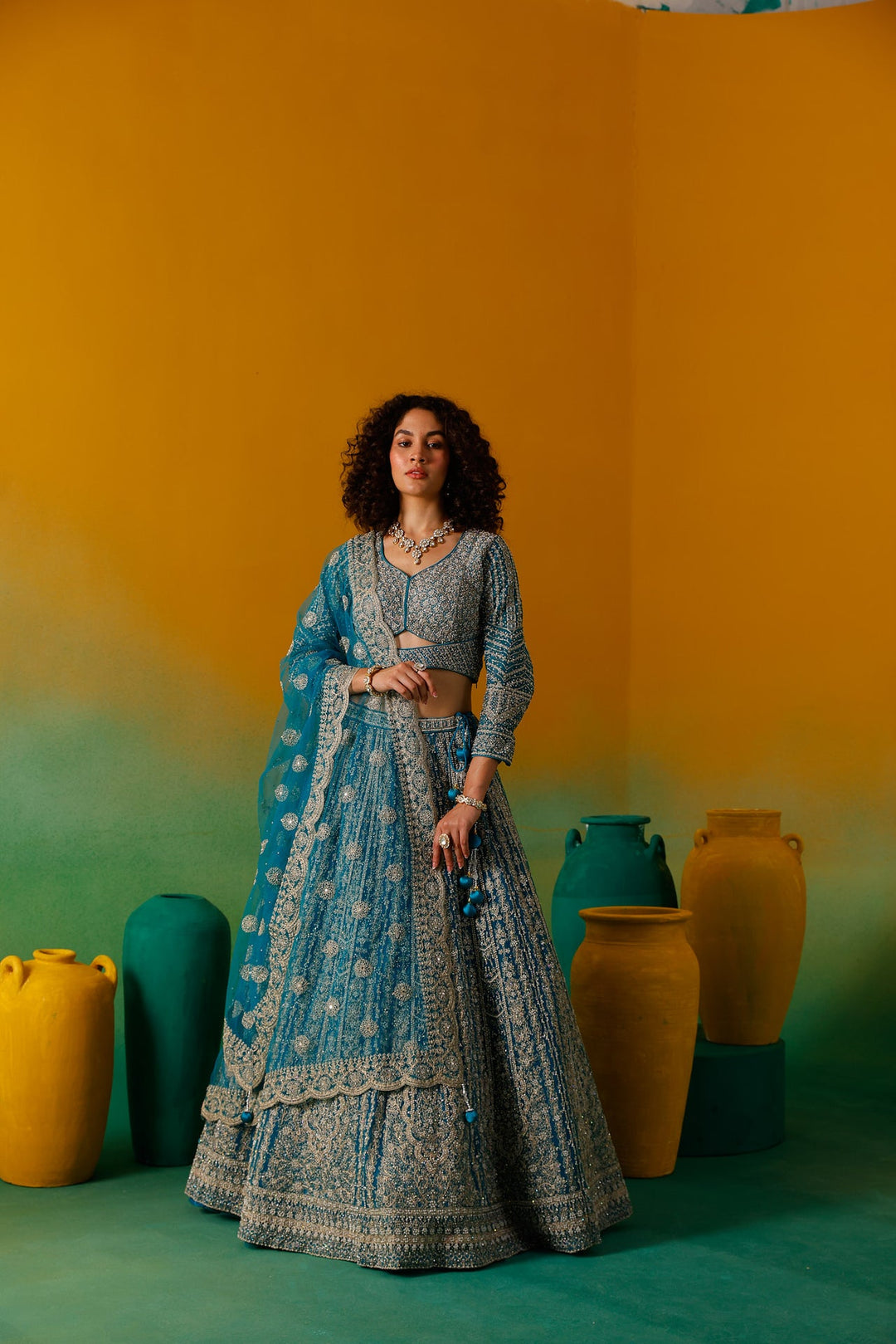 Neerus Green net embroidered lehenga set - detail view 8
