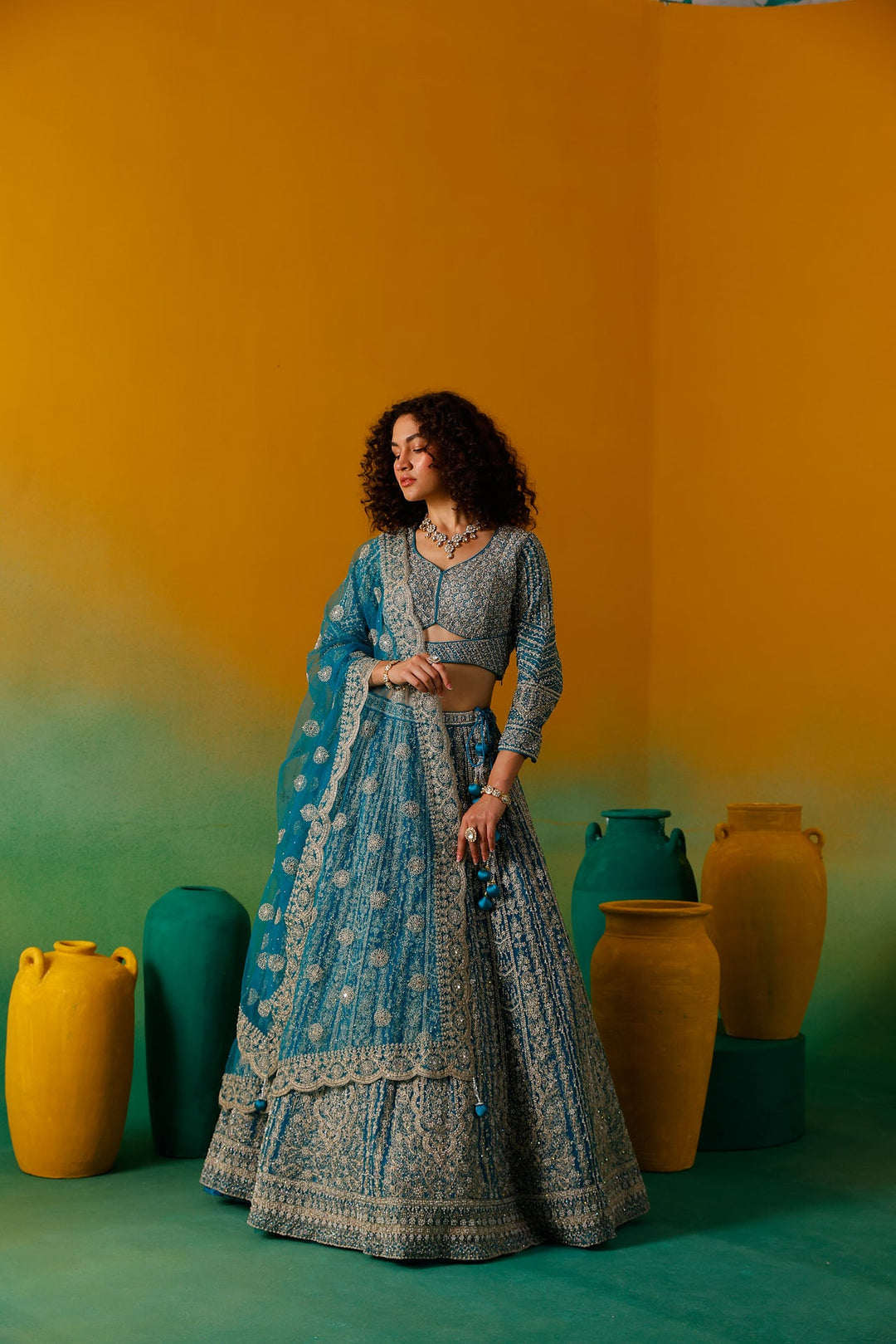 Neerus Green net embroidered lehenga set - detail view 9