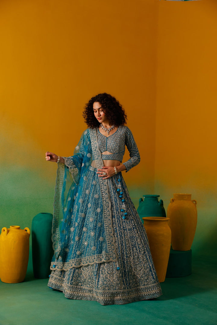 Neerus Green net embroidered lehenga set - detail view 10