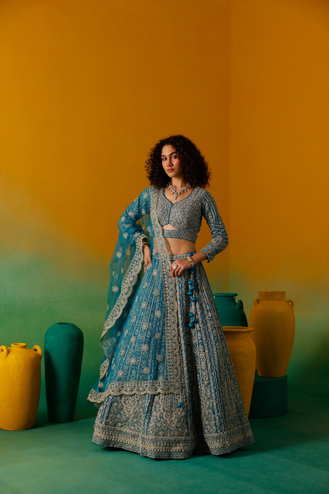 Neerus Green net embroidered lehenga set - detail view 11